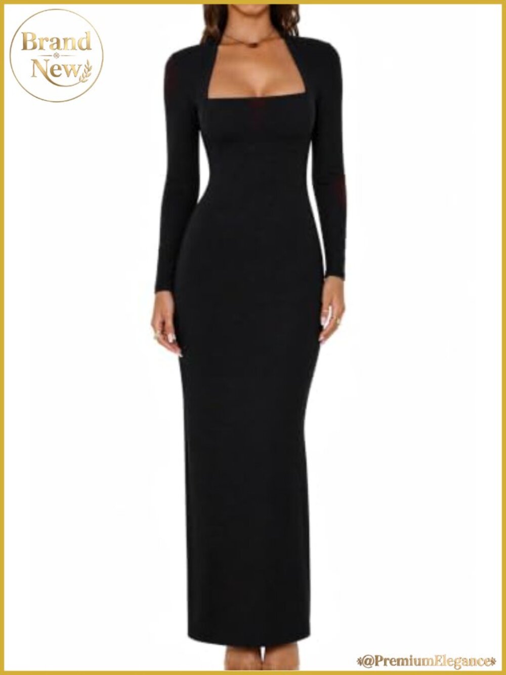 Ribbed Maxi Dress Long Sleeve Square Neck Back Slit